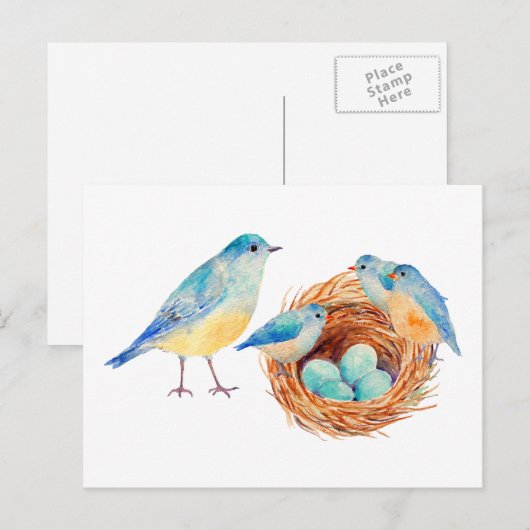 Waterverf blauwe vogels en nestpostkaart briefkaart (Voorkant / Achterkant)