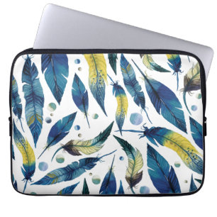 Waterverf blauwe vogelveren patroon laptop sleeve