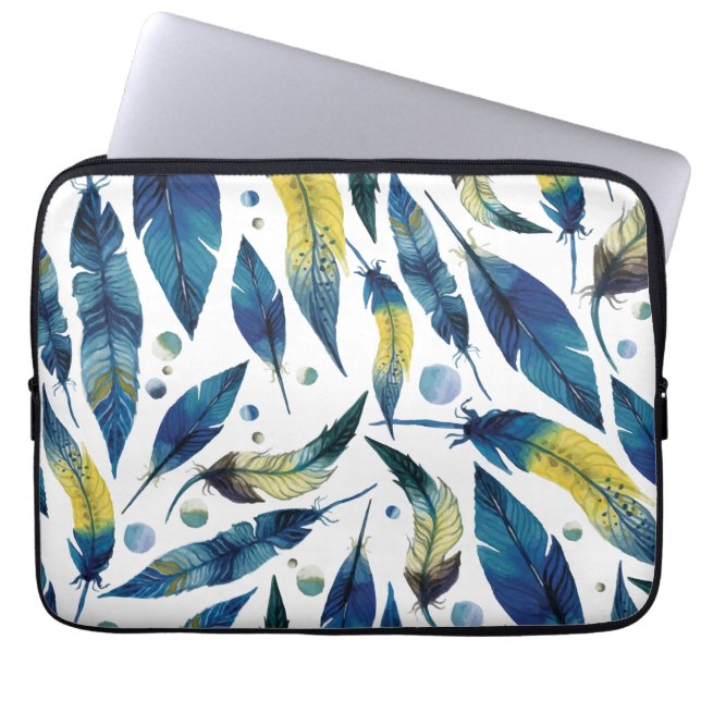 Waterverf blauwe vogelveren patroon laptop sleeve (Voorkant)