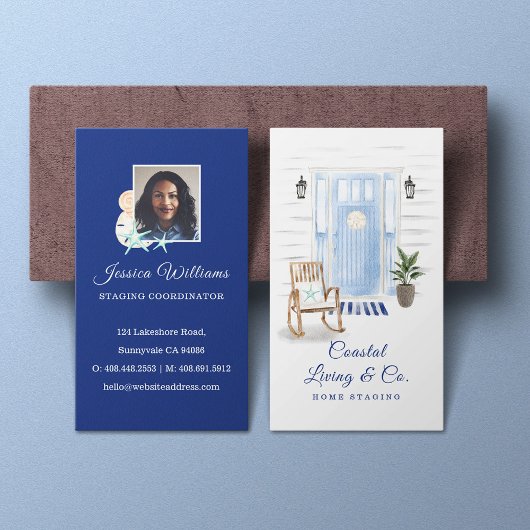 Waterverf Blauwe voordeur voor kuststrook Visitekaartje