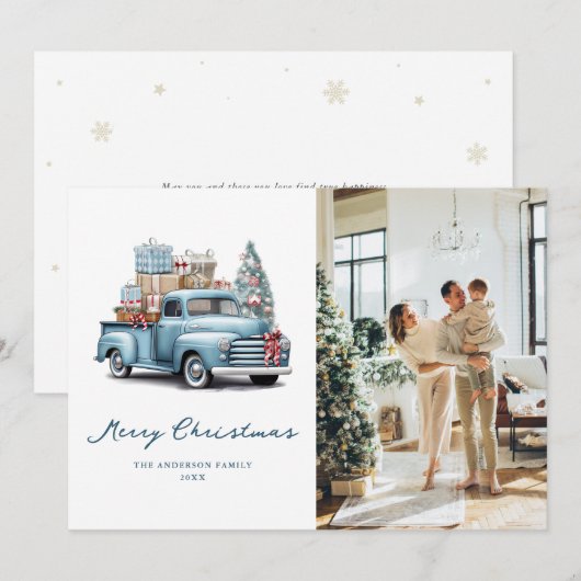 Waterverf Blauwe Vrachtwagen Foto Vrolijk Kerstfee Feestdagenkaart (Voorkant / Achterkant)