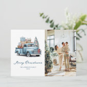 Waterverf Blauwe Vrachtwagen Foto Vrolijk Kerstfee Feestdagenkaart (Staand voorkant)