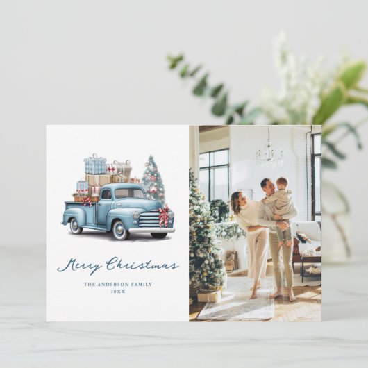 Waterverf Blauwe Vrachtwagen Foto Vrolijk Kerstfee Feestdagenkaart (Staand voorkant)