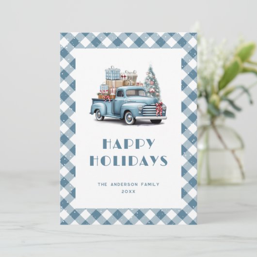 Waterverf Blauwe Vrachtwagen Sneeuw Plaid Feestdagenkaart (Staand voorkant)