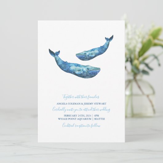Waterverf blauwe walvis bruiloft kaart (Staand voorkant)
