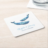 Waterverf blauwe walvis bruiloft kartonnen onderzetters (Schuin)