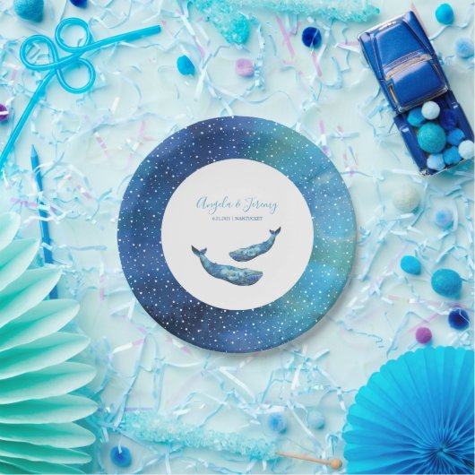 Waterverf blauwe walvis bruiloft papieren bordje (Feest)