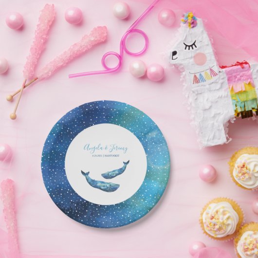 Waterverf blauwe walvis bruiloft papieren bordje (Feest)