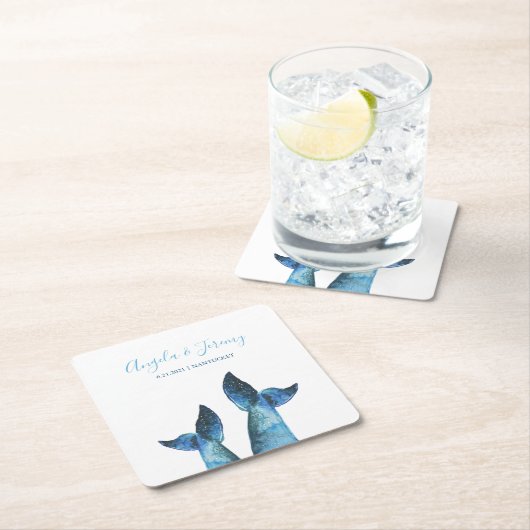 Waterverf Blauwe Walvis Tale Bruiloft Kartonnen Onderzetters (Insitu)