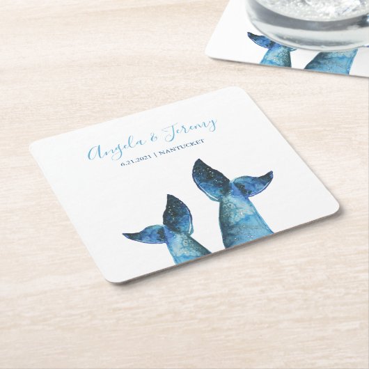 Waterverf Blauwe Walvis Tale Bruiloft Kartonnen Onderzetters (Schuin)