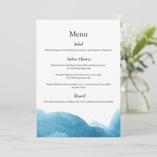 Waterverf blauwe wasbruiloft/-evenementmenu's bedankkaart (Staand voorkant)
