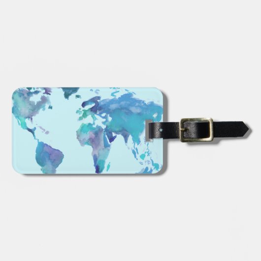 Waterverf Blauwe Wereldkaart Bagagelabel (Voorkant horizontaal)