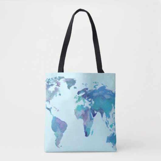 Waterverf Blauwe Wereldkaart Tote Bag (Voorkant)