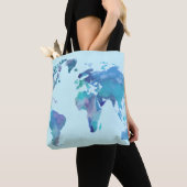 Waterverf Blauwe Wereldkaart Tote Bag (Dichtbij)
