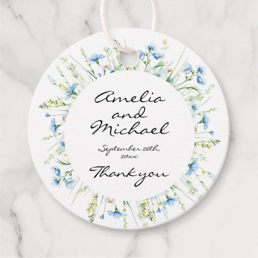 Waterverf Blauwe Wildbloemen Bruiloft Bedankjes Labels (Voorkant)