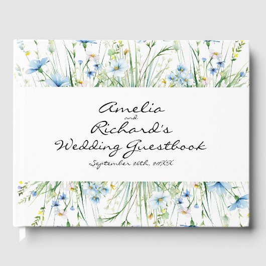Waterverf Blauwe Wildbloemen Bruiloft Gastenboek (Voorkant)