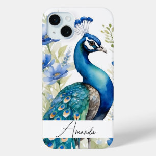 Waterverf Blauwe Wildbloemen Peacock Aangepaste te iPhone 15 Mini Hoesje