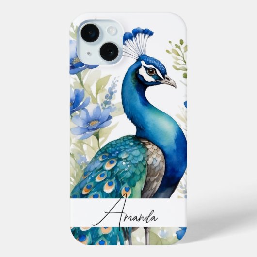 Waterverf Blauwe Wildbloemen Peacock Aangepaste te Case-Mate iPhone Case (Achterkant)