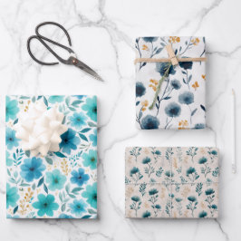 Waterverf Blauwe Wildflowers Esthetische Bloemen Inpakpapier Vel