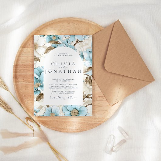 Waterverf Blauwe Winter Bloemen Esthetische bruilo Kaart