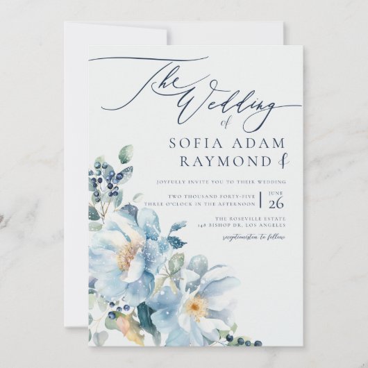 Waterverf Blauwe Winter bruiloft Kaart (Voorkant)