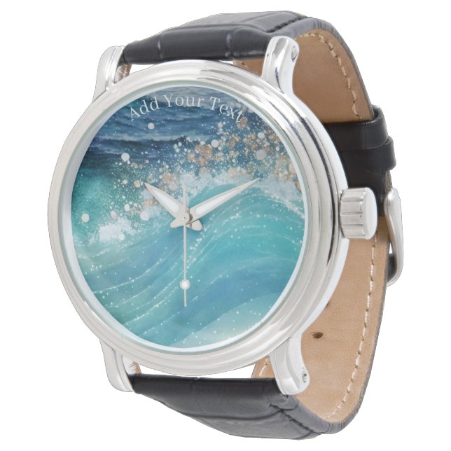 Waterverf Blauwe Witte Oceaan Wave Aangepaste Foto Horloge (Gekanteld)