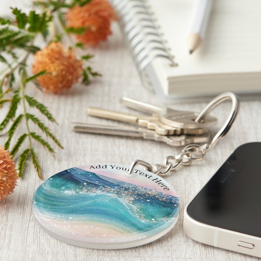 Waterverf Blauwe Witte Oceaan Wave Aangepaste Foto Sleutelhanger