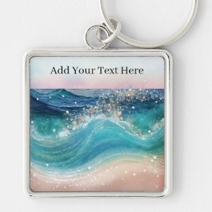 Waterverf Blauwe Witte Oceaan Wave Aangepaste Foto Sleutelhanger