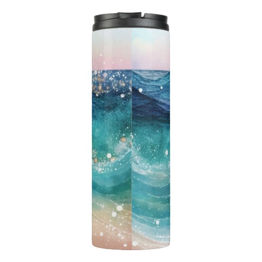 Waterverf Blauwe Witte Oceaan Wave Aangepaste Foto Thermosbeker (Achterkant)