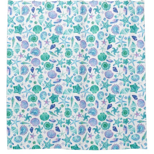 Waterverf blauwe zee schelpen en zeesterren douchegordijn (Voorkant)