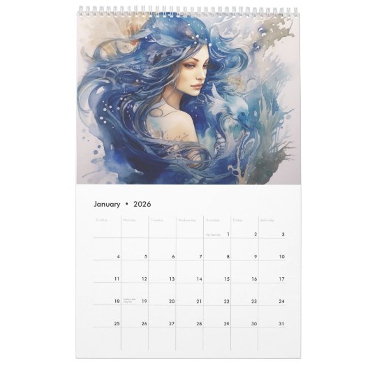 Waterverf Blauwe Zeemeermin Kalender (Jan 2026)