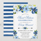 Waterverf Blauwe Zomerbloemen Sweet 16 Kaart (Voorkant / Achterkant)