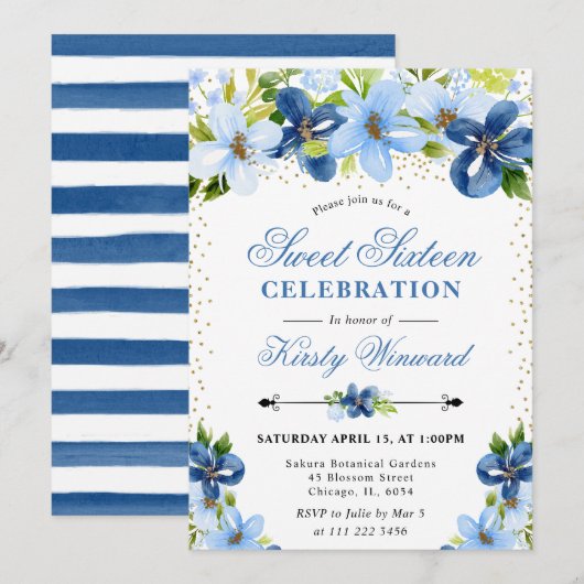 Waterverf Blauwe Zomerbloemen Sweet 16 Kaart (Voorkant / Achterkant)