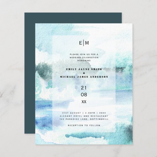 Waterverf Blauwgroen Aqua Beach Wedding Invites (Voorkant / Achterkant)