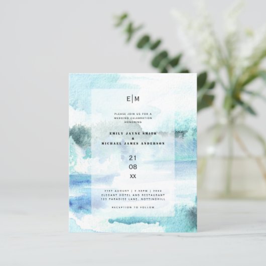Waterverf Blauwgroen Aqua Beach Wedding Invites (Staand voorkant)