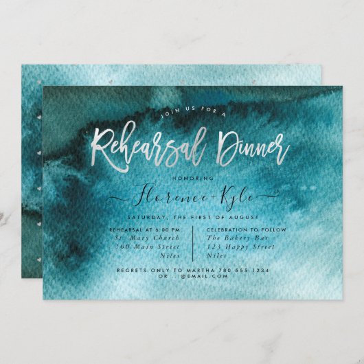 Waterverf Blauwgroen Blauw+Faux Silver Rehearings Kaart (Voorkant / Achterkant)