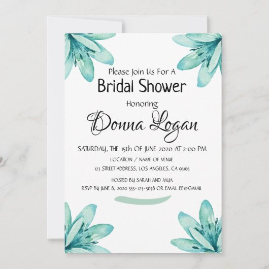 Waterverf Blauwgroen Bloemen Gepersonaliseerd Vrij Kaart (Voorkant)