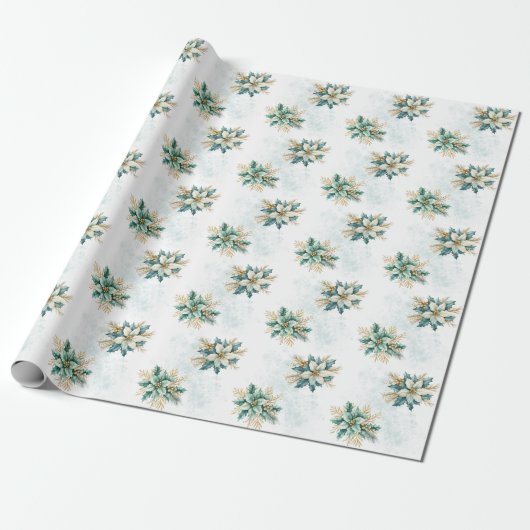 Waterverf Blauwgroen Bloemen Kerst Wrapping Papier (Uitgerold)