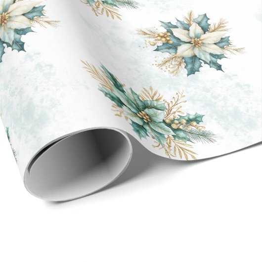 Waterverf Blauwgroen Bloemen Kerst Wrapping Papier (Rol Hoek)