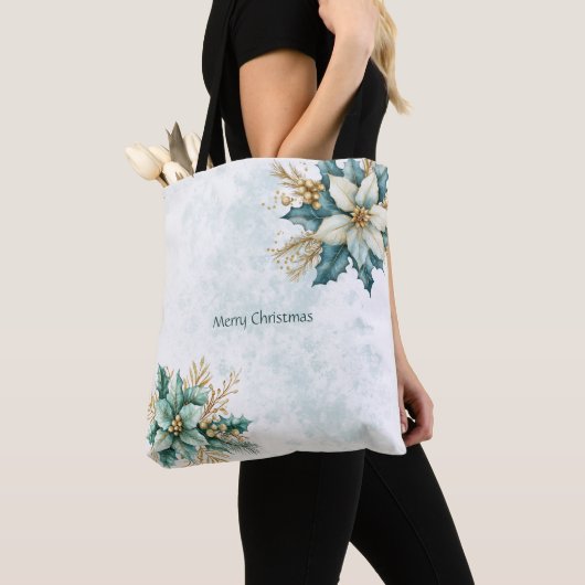 Waterverf Blauwgroen Bloemen Kerstvakantie Canvas  Tote Bag (Dichtbij)