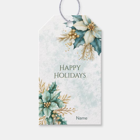 Waterverf Blauwgroen Bloemen Kerstvakantie Gift La Cadeaulabel (Voorkant)