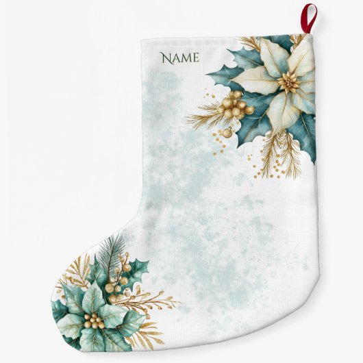 Waterverf Blauwgroen Bloemen Kerstvakantie Stockin Grote Kerstsok (Achterkant)