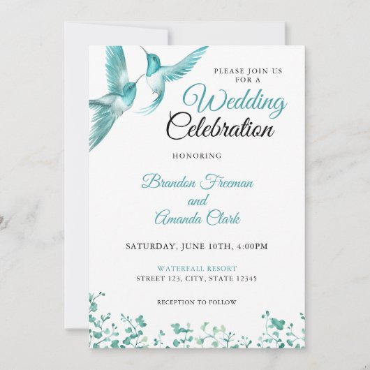 Waterverf Blauwgroen Bloemen Kolibrie bruiloft Kaart (Voorkant)