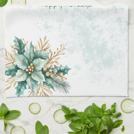 Waterverf Blauwgroen Bloemen Vakantie Keuken Handd Theedoek (Gevouwen)