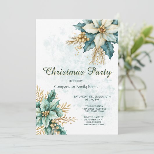 Waterverf Blauwgroen Bloemenfeestuitnodiging Kaart (Staand voorkant)
