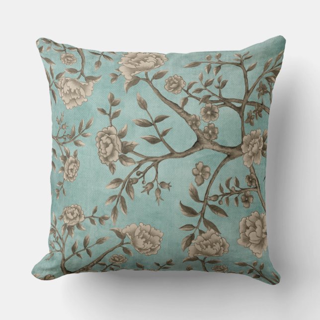 Waterverf Blauwgroen Chinoiserie Bird & Flowers Kussen (Voorkant)