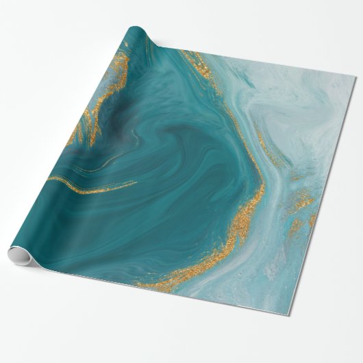Waterverf Blauwgroen en Faux Gold Geode Cadeaupapier (Uitgerold)