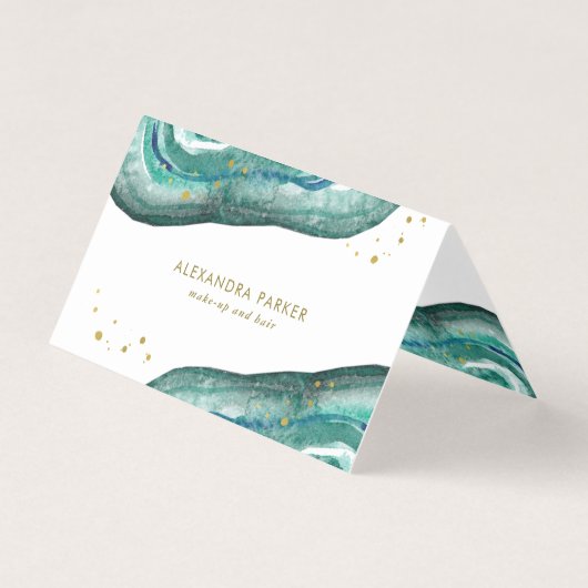 Waterverf Blauwgroen en Faux Gold Geode Visitekaartje (Voorkant)