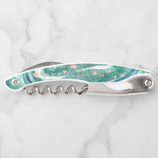 Waterverf Blauwgroen en Faux Roos Gold Geode Kurkentrekker (Achterkant)