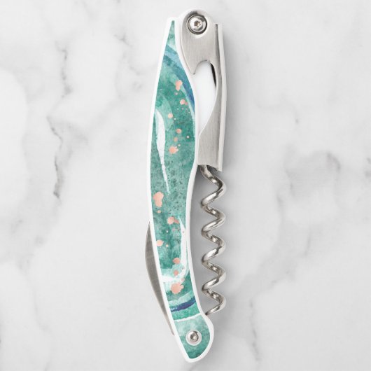 Waterverf Blauwgroen en Faux Roos Gold Geode Kurkentrekker (Achterkant)